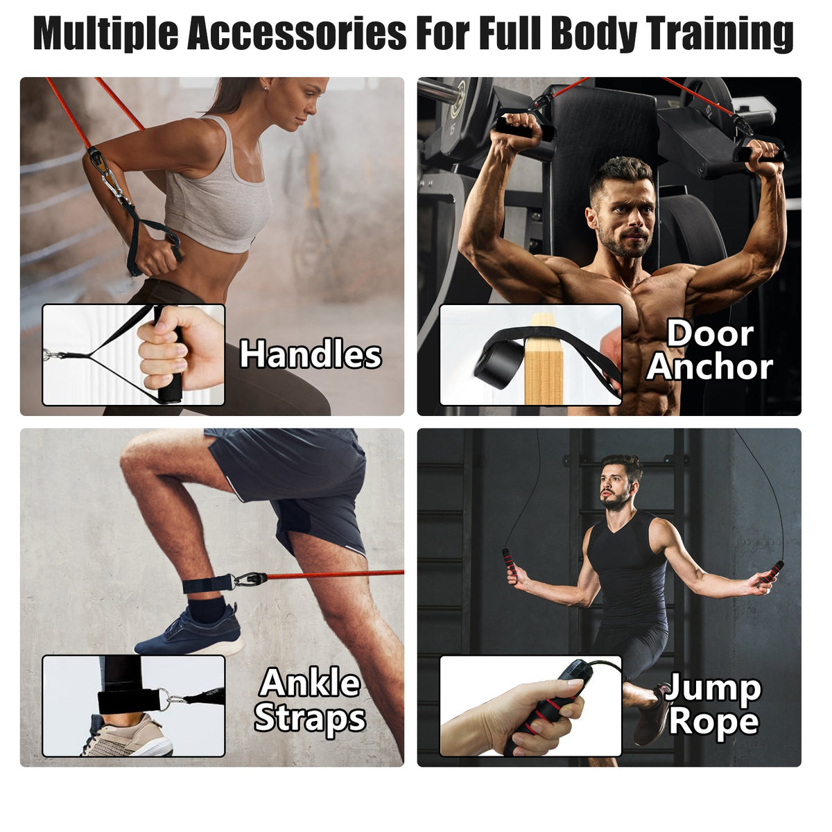 Resistance handles, door anchor, ankle straps and jump rope shown in use.