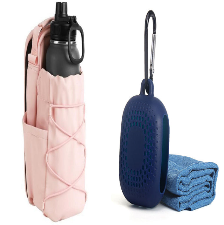 Pink magnetic bottle bag shown with a blue towel and carry case.