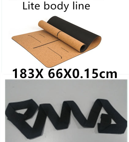 Cork yoga mat with alignment lines and carrying strap, 1.5 mm version.