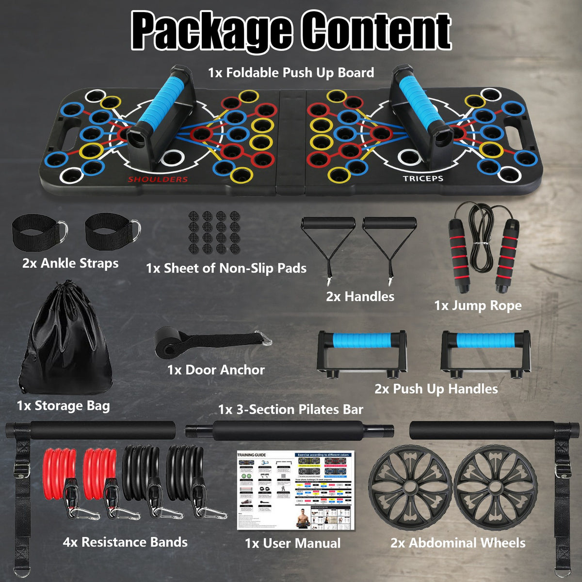 Home workout kit contents, including board, bar, bands, wheels and accessories.