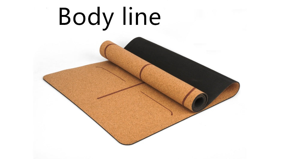 Cork yoga mat with body-alignment pattern shown partly rolled.