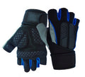 Pair of blue and black fingerless weightlifting gloves with wrist wraps