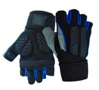 Pair of blue and black fingerless weightlifting gloves with wrist wraps
