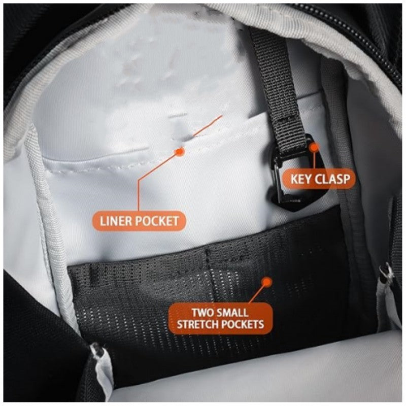 Interior pocket and key clip of the magnetic gym bottle bag.