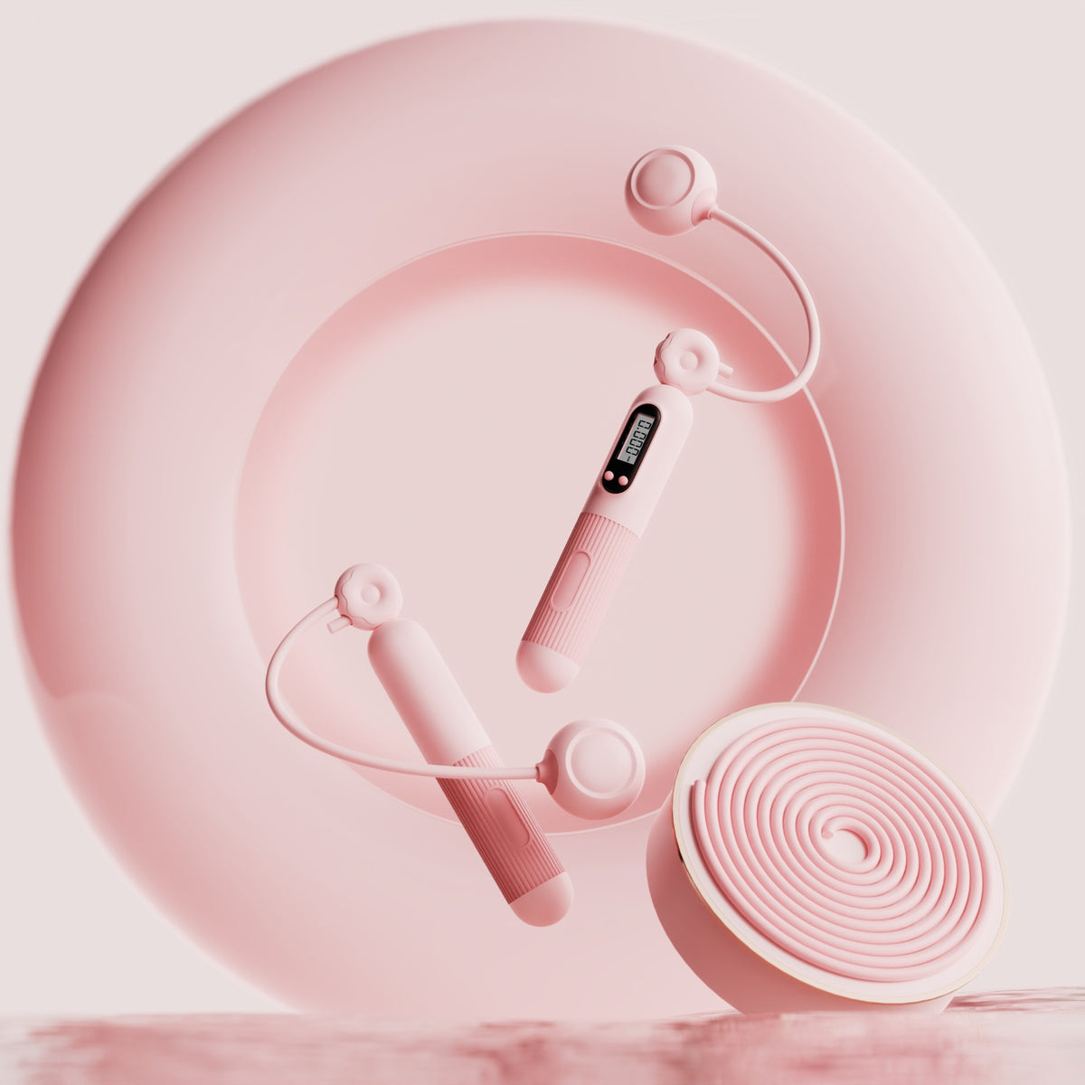 Pink digital jump rope with full-length rope and cordless attachments.
