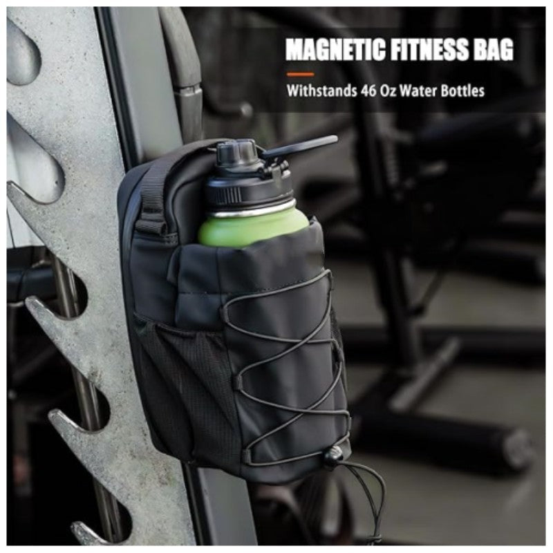 Magnetic bottle bag attached to a metal gym frame, with a demonstration bottle.