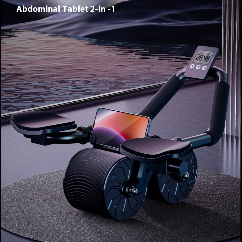 Automatic Rebound Core Trainer with wide wheels, padded forearm rests and a timer display.