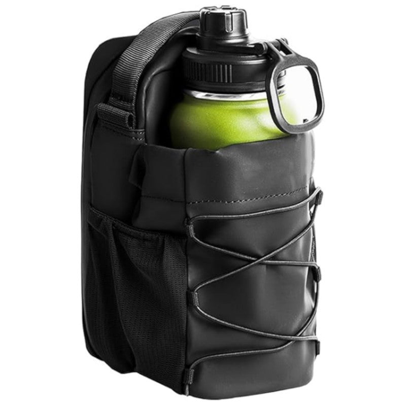 Black magnetic gym bottle bag on a white background.
