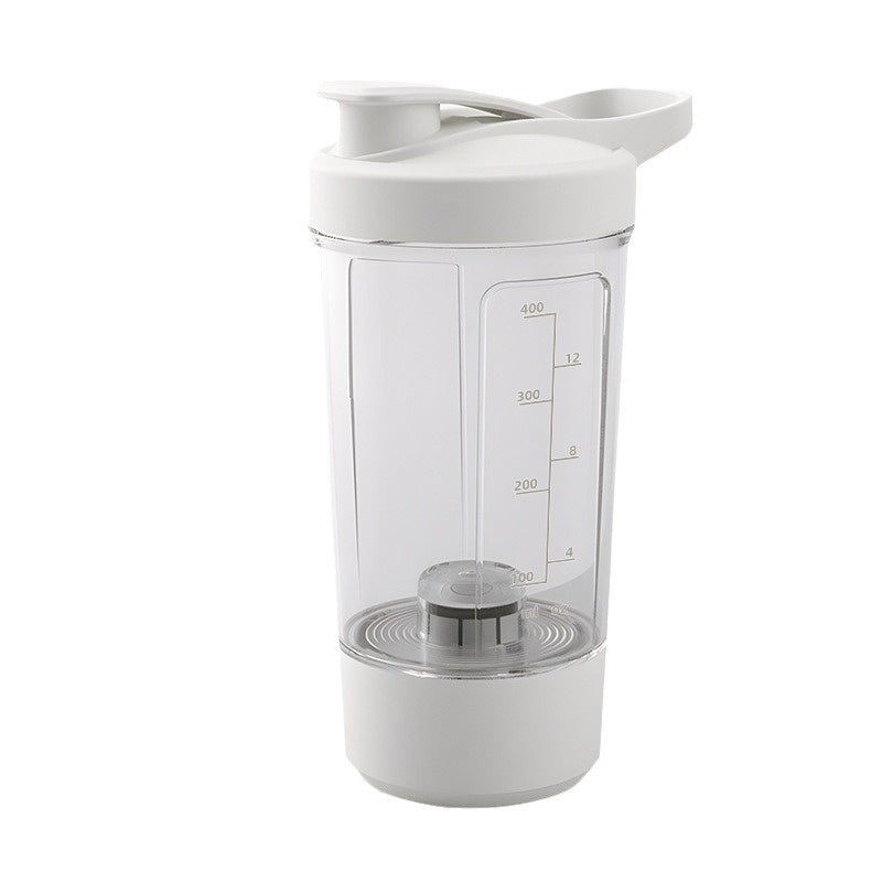 White rechargeable electric shaker bottle with carry handle, 400 ml