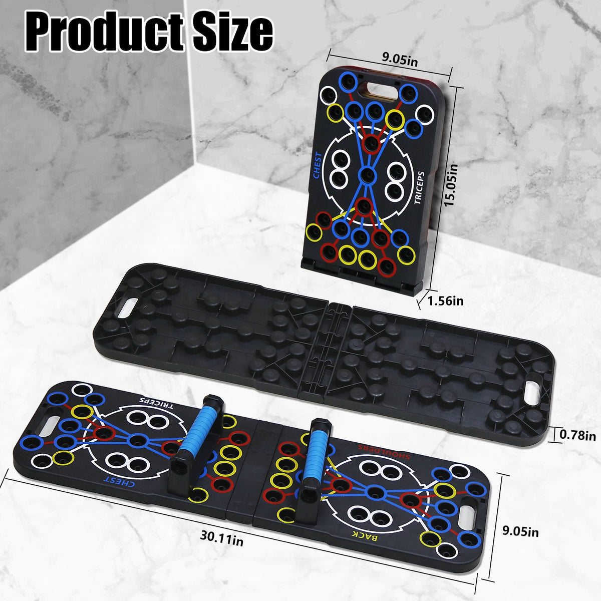 Open and folded push-up board with product dimensions.