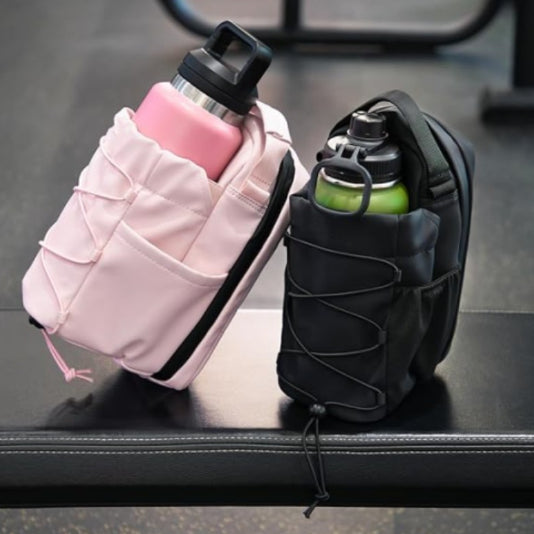 Pink and black magnetic gym bottle bags shown together.