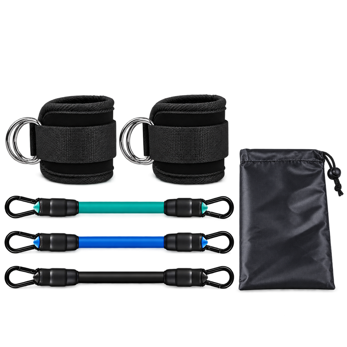 Full set with two black ankle cuffs, three resistance tubes and a storage bag; contents vary by selected option