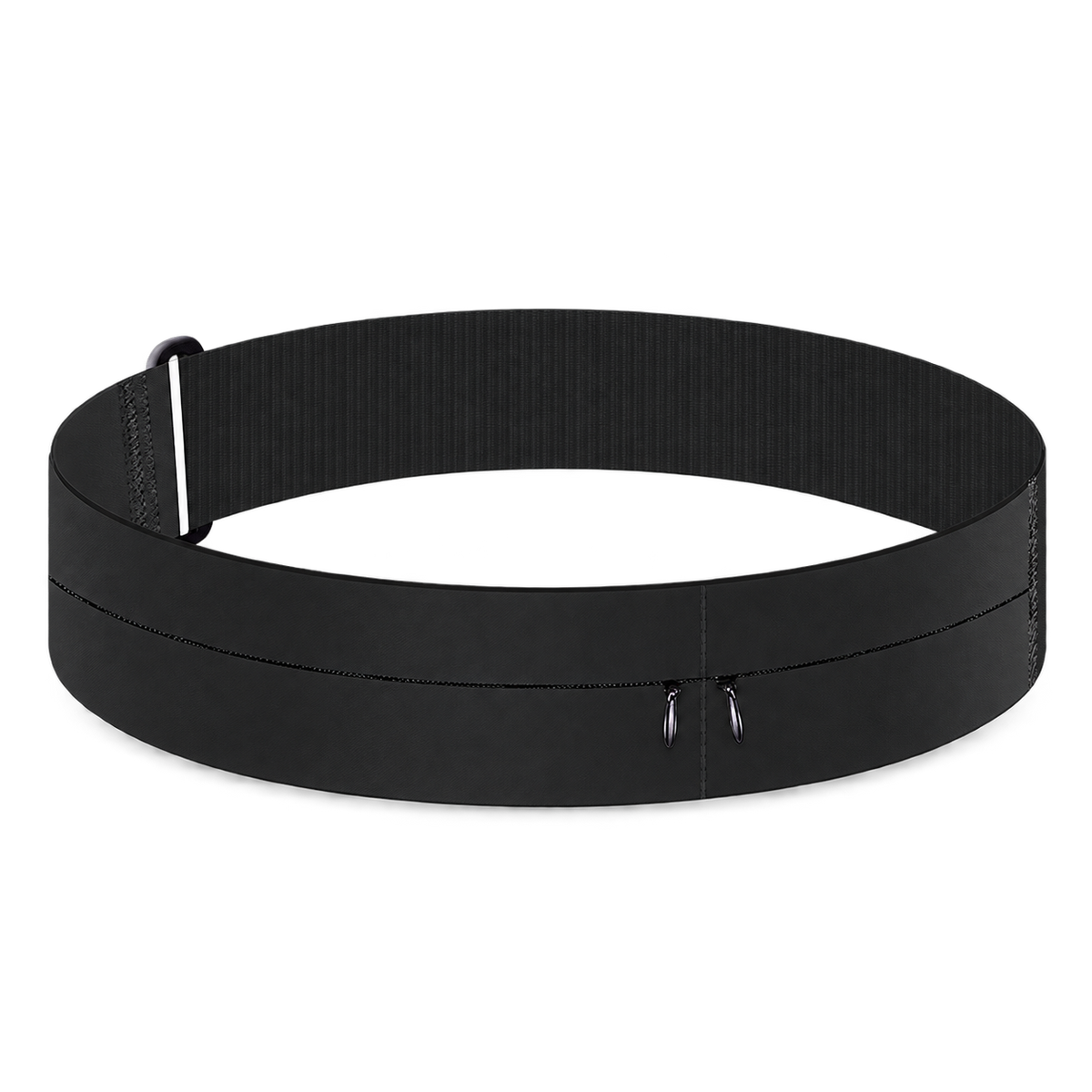 Black two-pocket running belt shown on its own; bottle not included