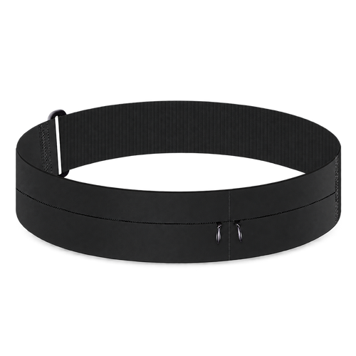 Black two-pocket running belt shown on its own; bottle not included