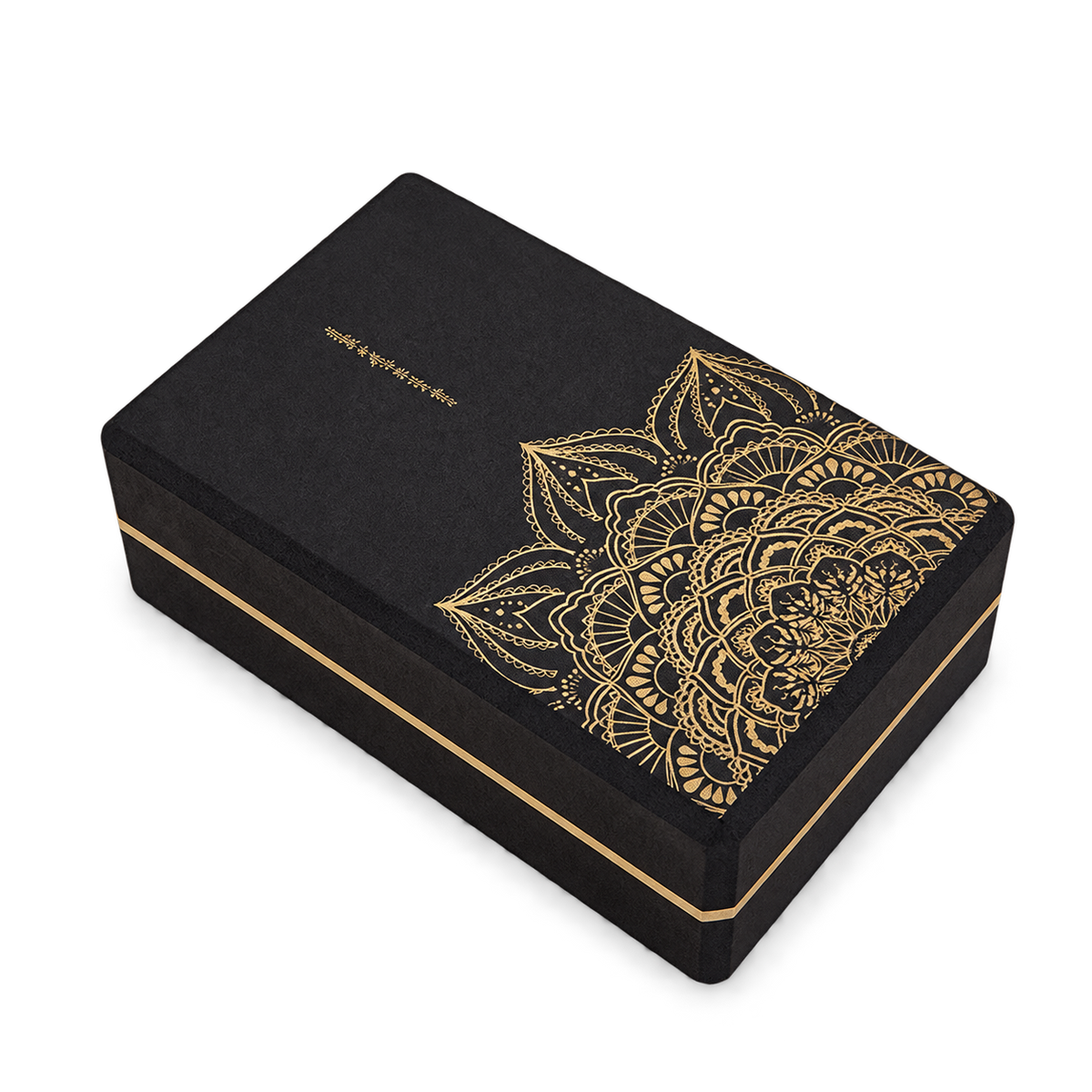 One black EVA yoga block with a gold mandala pattern