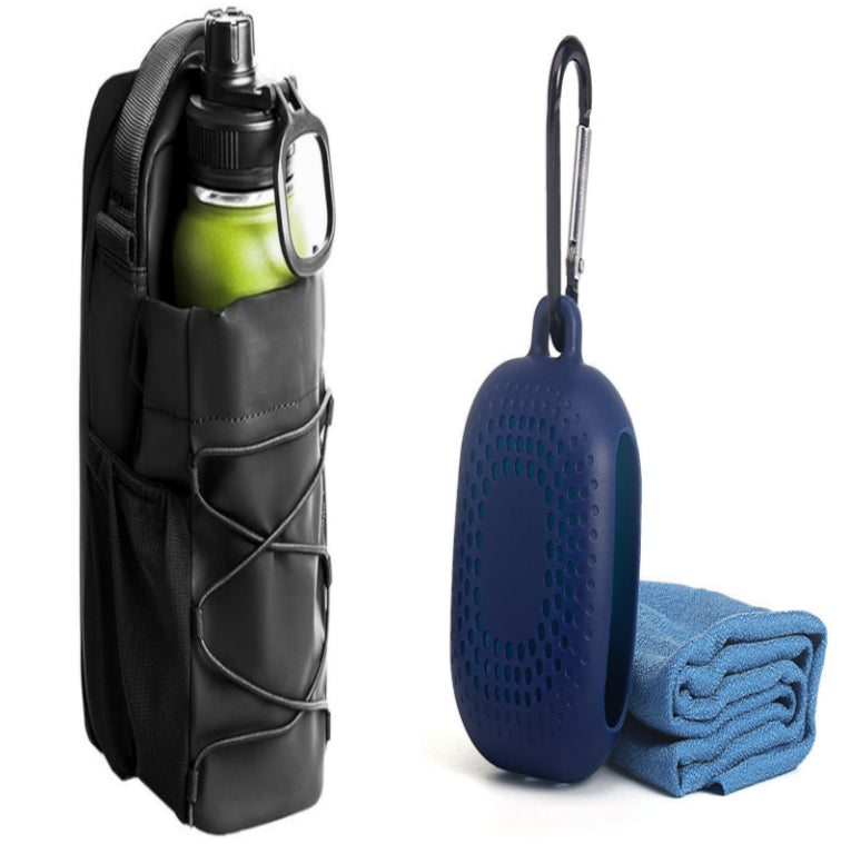 Black magnetic bottle bag shown with a blue towel and carry case.