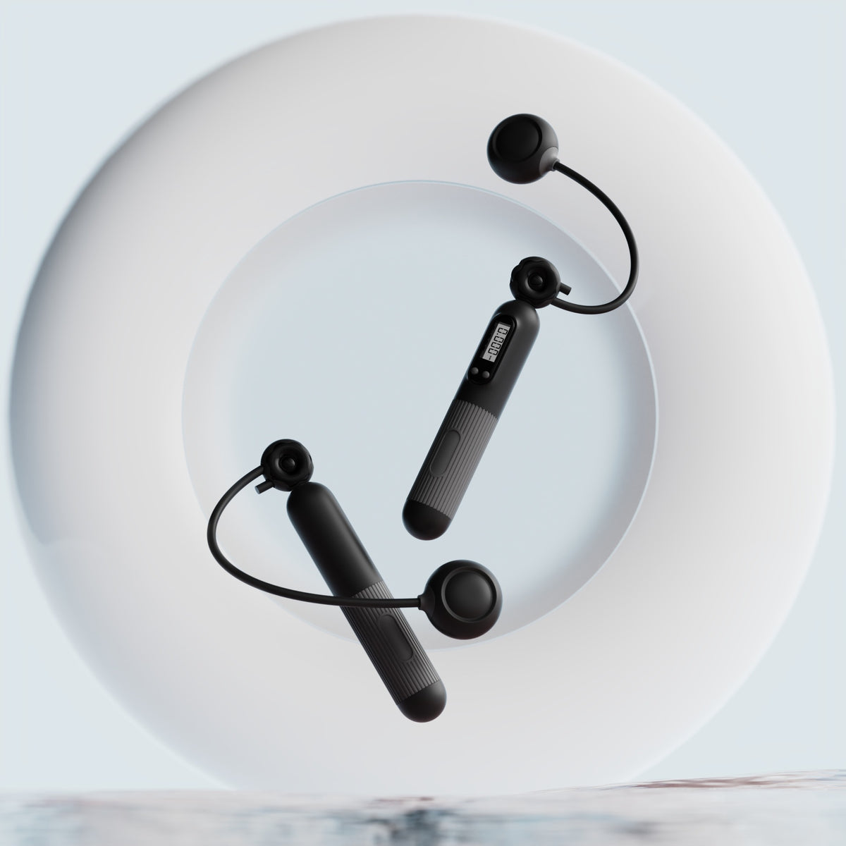 Black digital jump rope handles with cordless ball attachments.