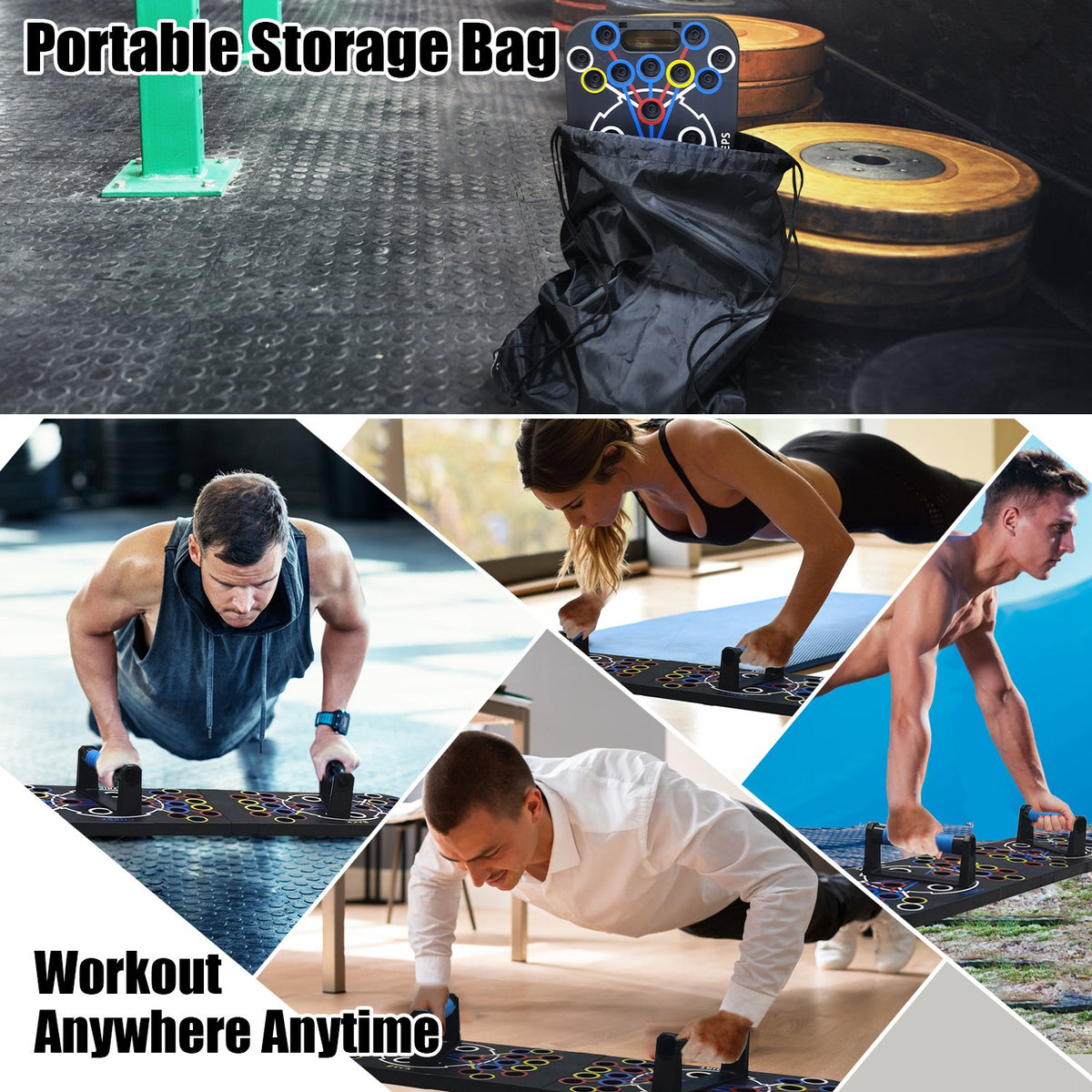 Push-up board and storage bag shown with home workout examples.