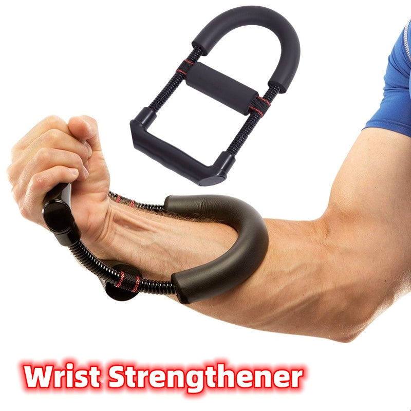 Black PowerGrip Wrist and Forearm Trainer with padded supports and steel springs, shown positioned against a forearm.