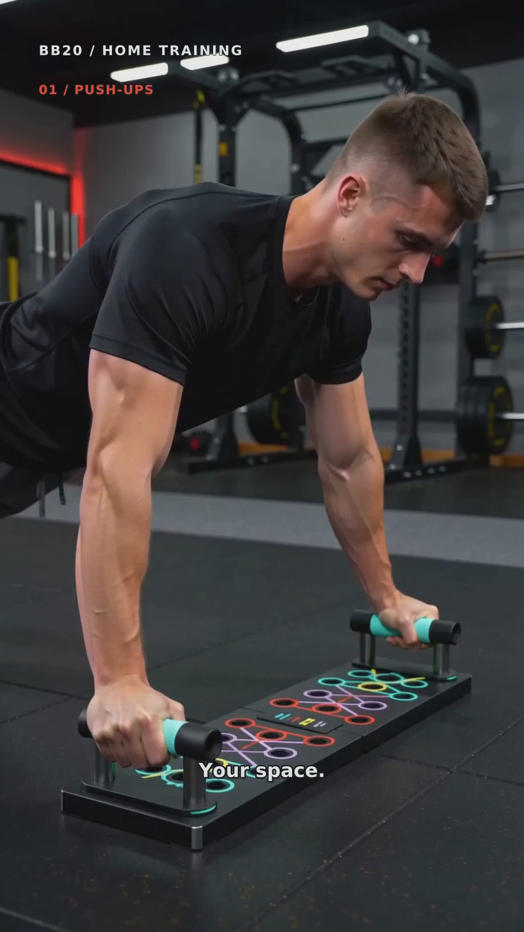BB20 — Your Space. Your Pace. Product promotion showing board push-ups and standing resistance-band curls. English narration and captions.