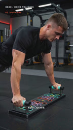 BB20 — Your Space. Your Pace. Product promotion showing board push-ups and standing resistance-band curls. English narration and captions.
